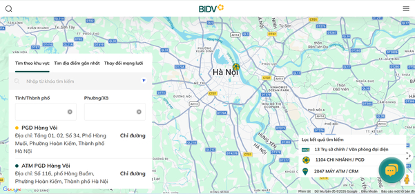 Giao diện tra cứu mạng lưới chi nhánh trên website chính thức của BIDV